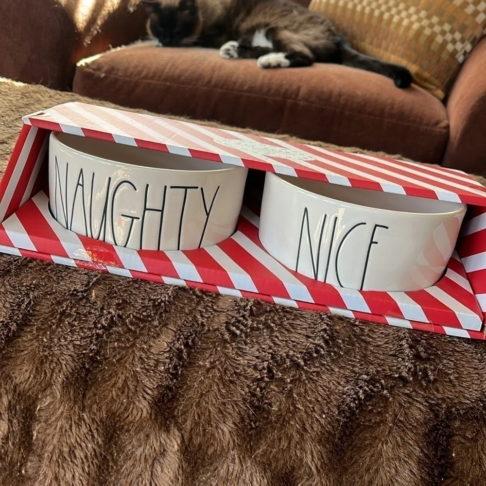 Brand New Rae Dunn 6” Dog Cat Pet Food Bowls Ceramic Naughty Nice Christmas